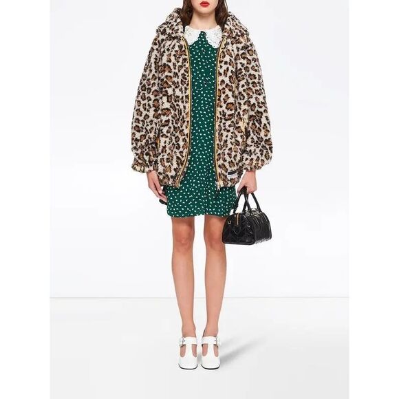 Miu Miu Leopard Teddy Brown Bomber Jacket Hooded Coat size 42 6 S NEW - Picture 2 of 15